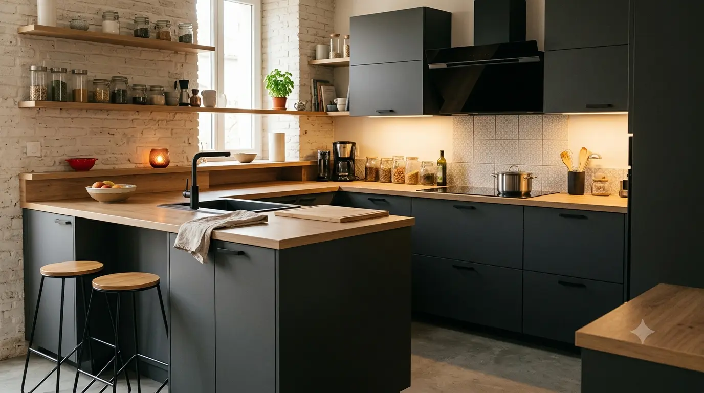 Cuisine relookée avec des façades mates habillées d'un film adhésif Coverstyle