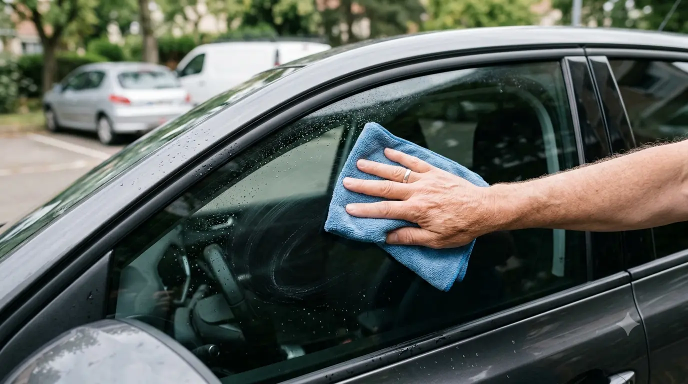 Main nettoyant une vitre teintée de véhicule avec un chiffon microfibre bleu