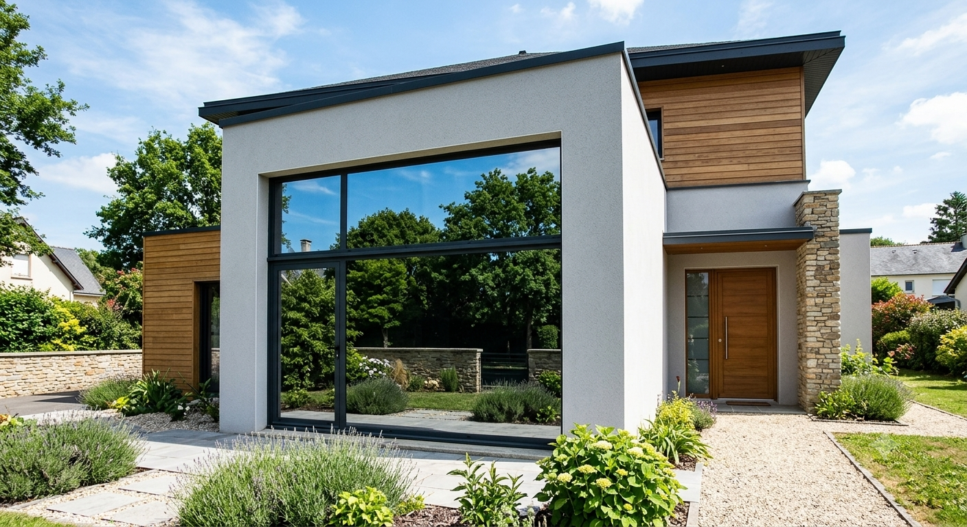 Maison contemporaine avec grande baie vitrée équipée d'un film anti vis-à-vis à effet miroir