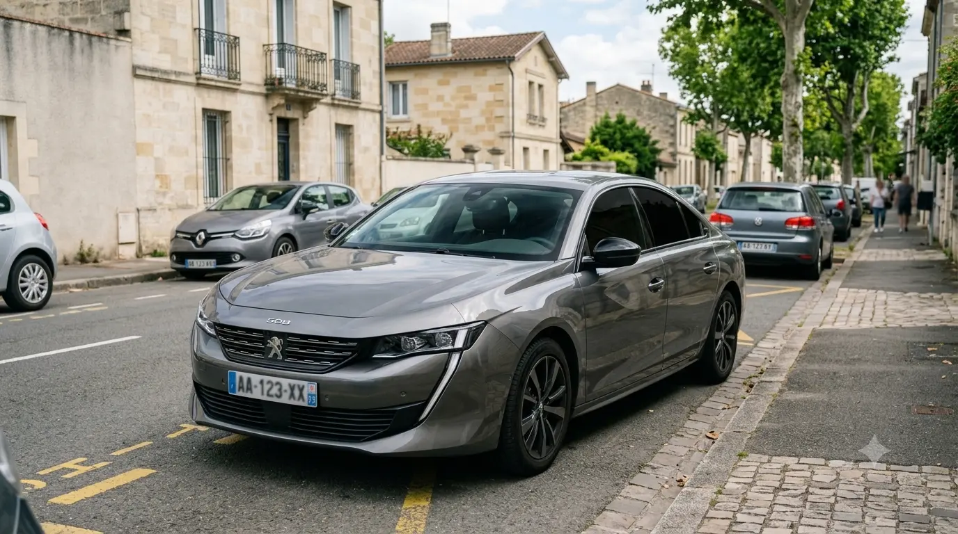 Berline aux vitres teintées stationnée en rue en plein jour, conforme à la loi 2026