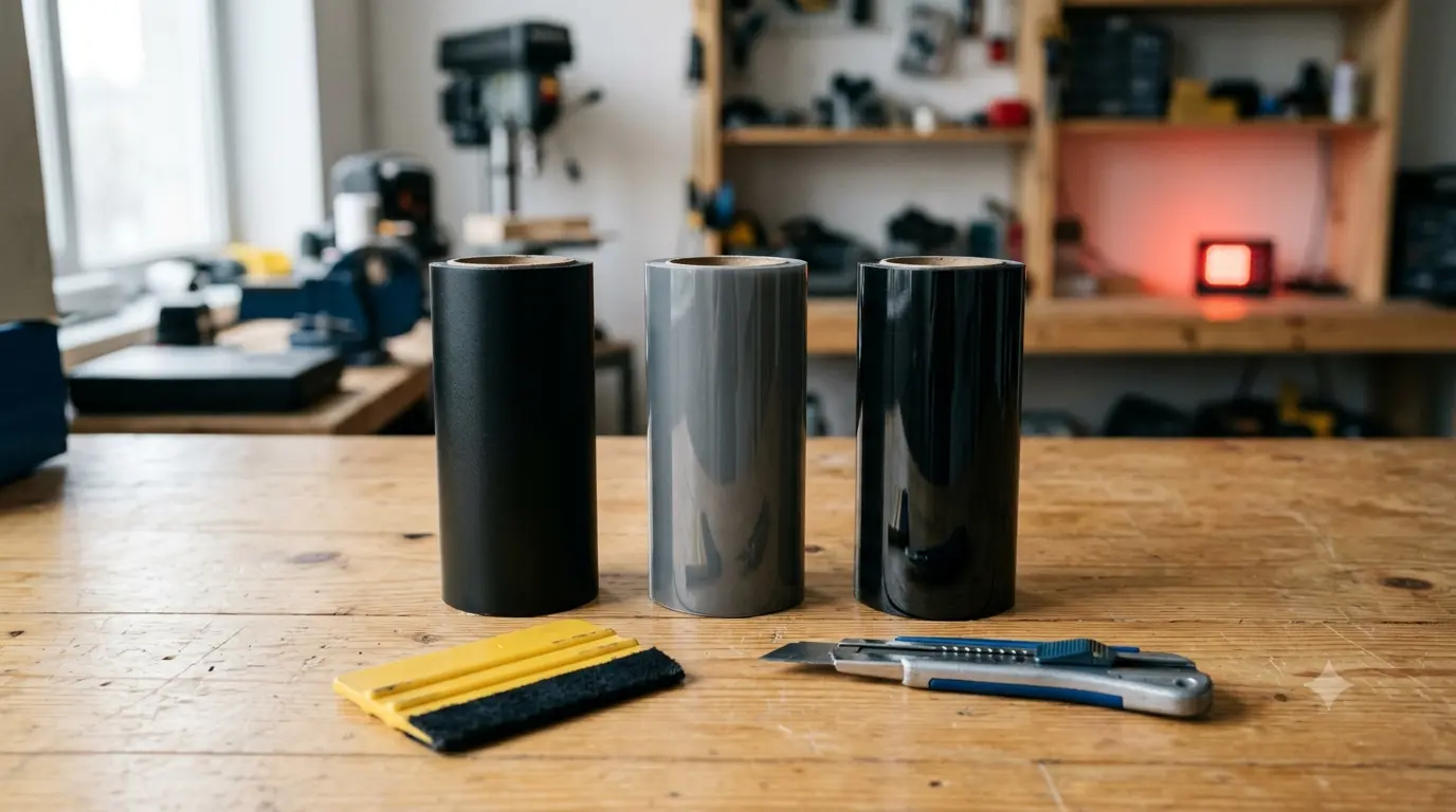 Rouleaux de films teintés classique, céramique et IR posés sur un établi d'atelier